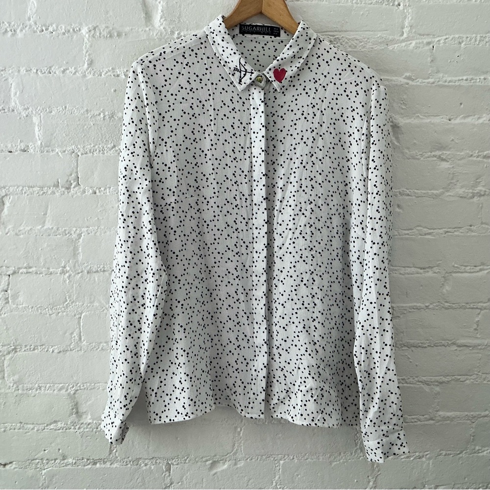 Sugarhill Boutique Womens Polka Dot Button Up Blouse 8 Embroidered Red Heart
